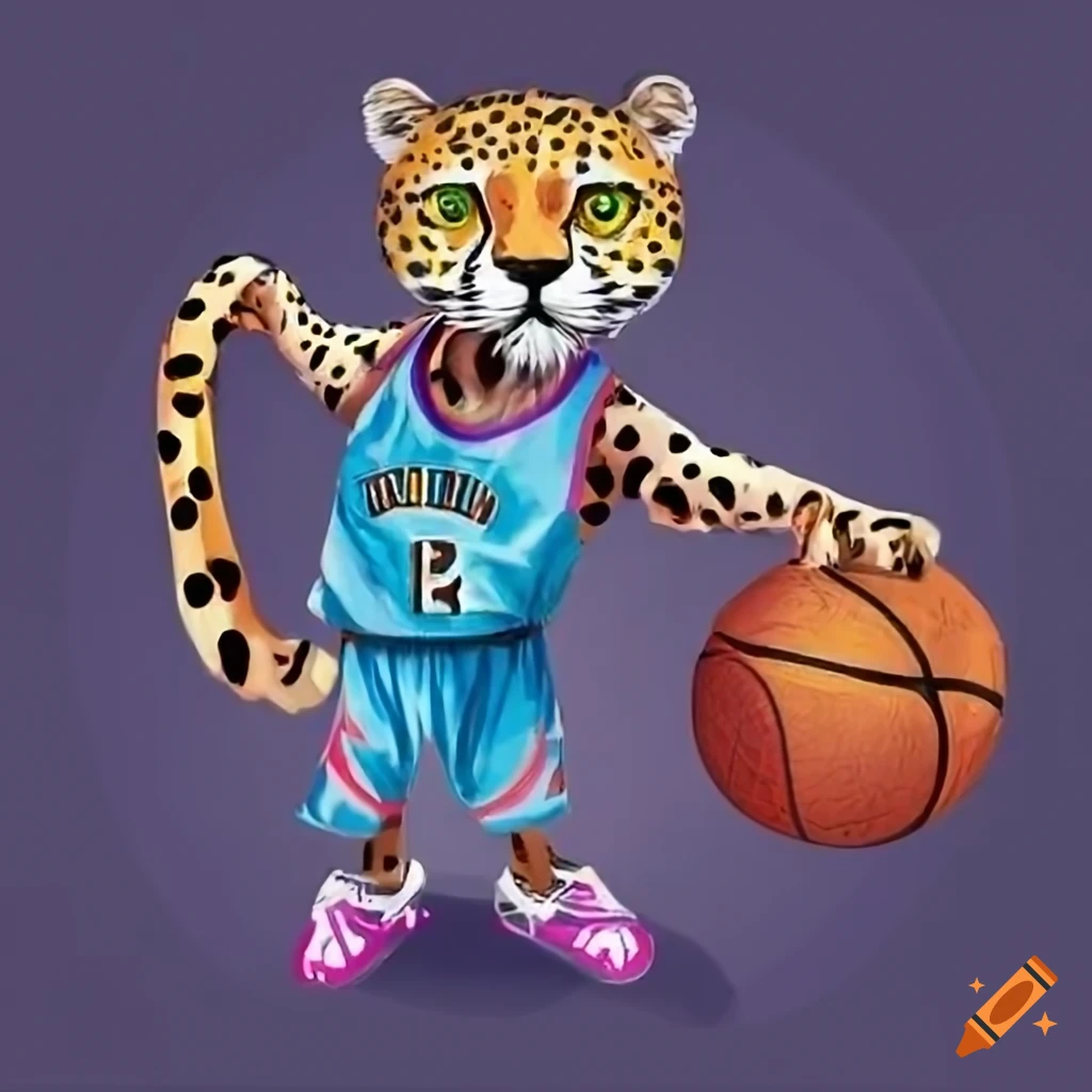 Cheetah in blue basketball jersey and basketball shoes holding a