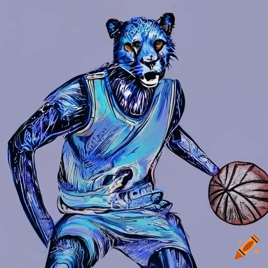Cheetah in blue basketball jersey and basketball shoes holding a basketball  on Craiyon