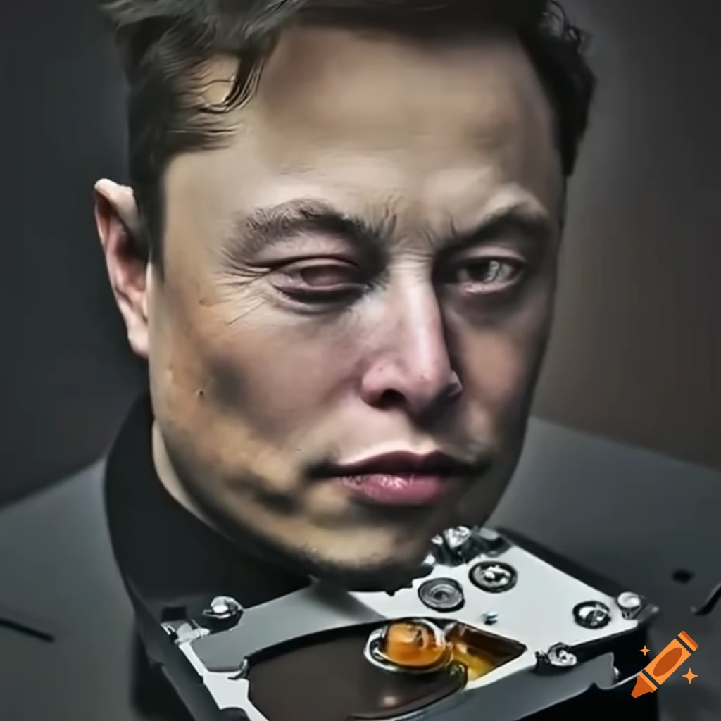 A manipulated image of elon musk's face inserted into a hard drive on