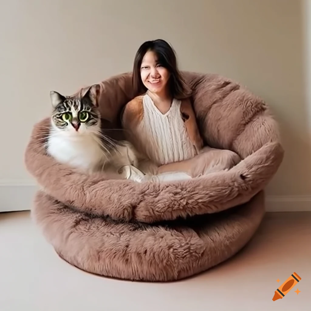 Abby ang in a very fluffy papasan chair full of fluffy cats on Craiyon