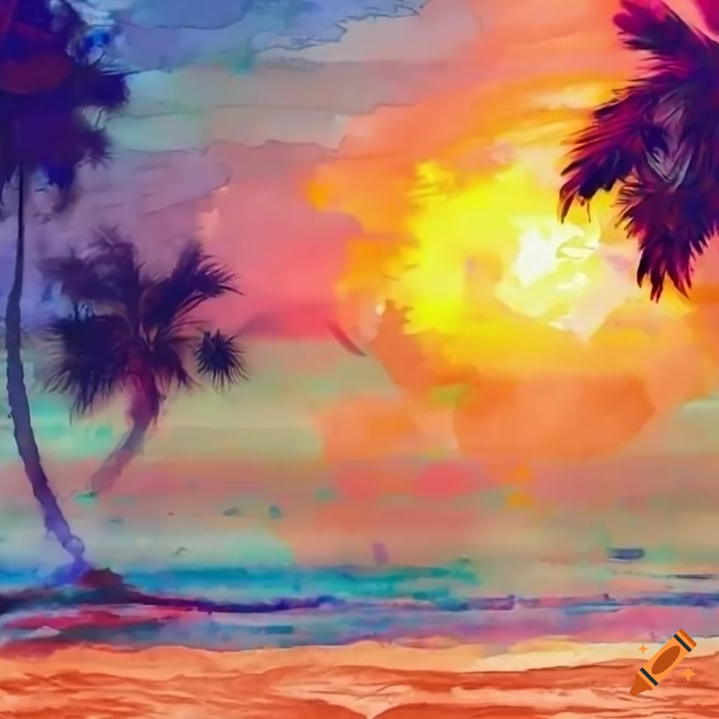 Palm tree on a beach with a setting sun and orange sky