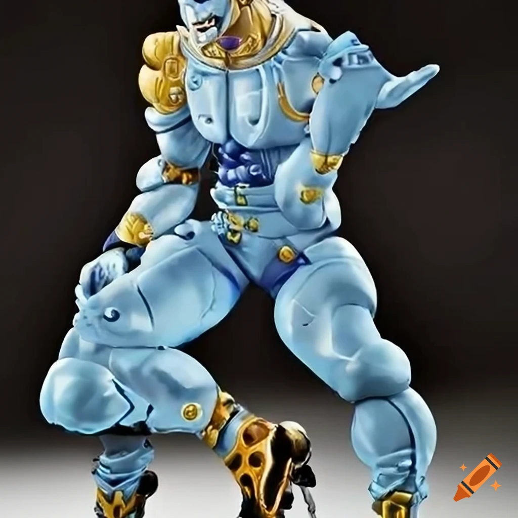 Comic-book style depiction of a jojo stand with white armor and golden  crescents