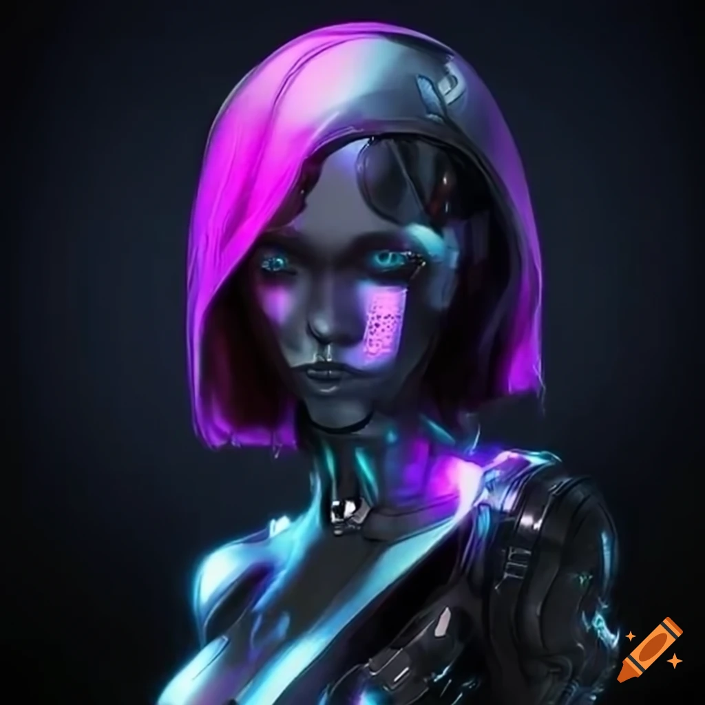 An futuristic android with metallic body and cyberpunk aesthetic on Craiyon