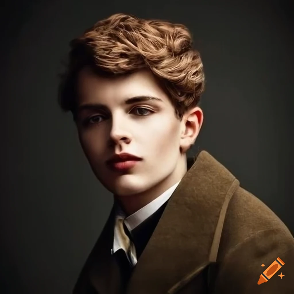 A portrait of a handsome young male with light brown wavy short hair ...