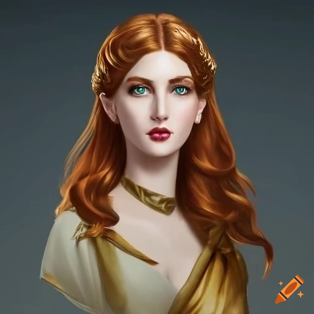 Young beautiful artemis in silken robes with flowing chestnut hair