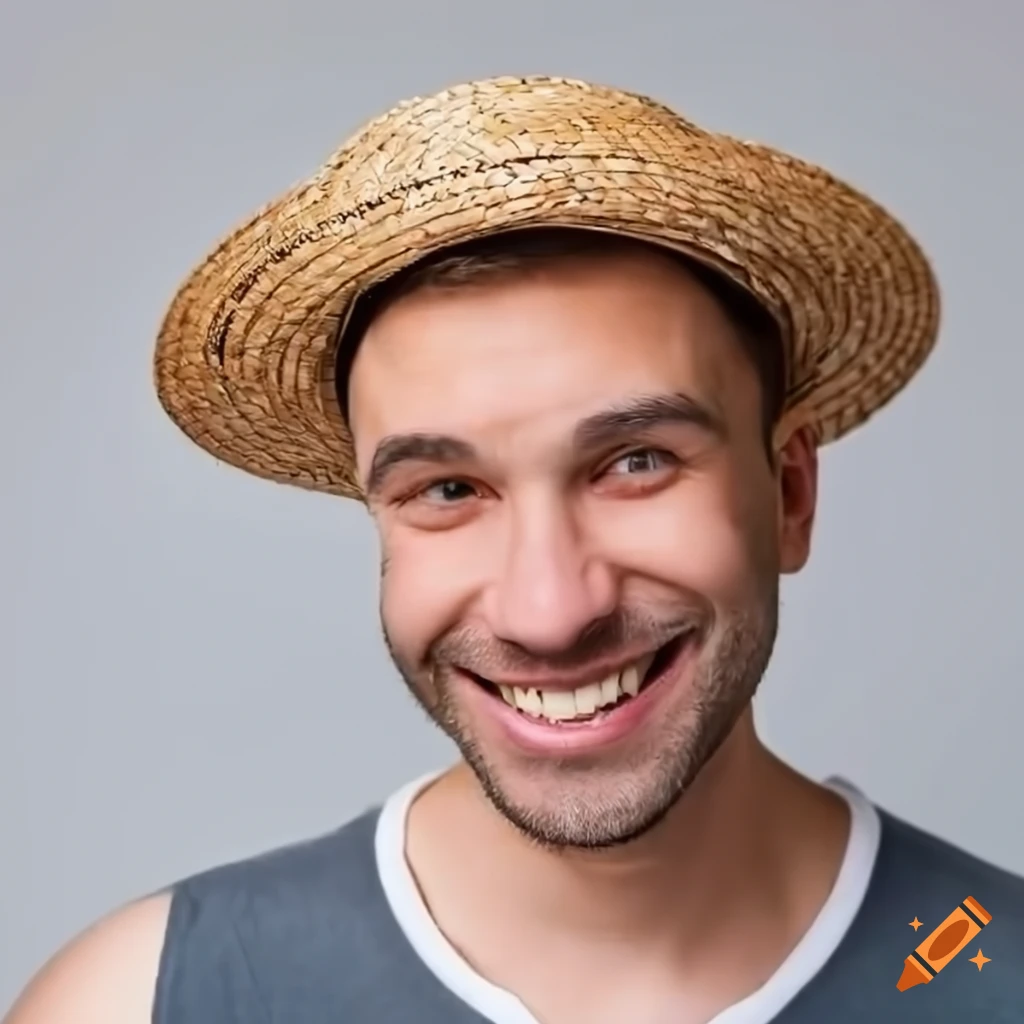 Man with rabbit teeth; wearing straw hat; smiling; isolated on light gray