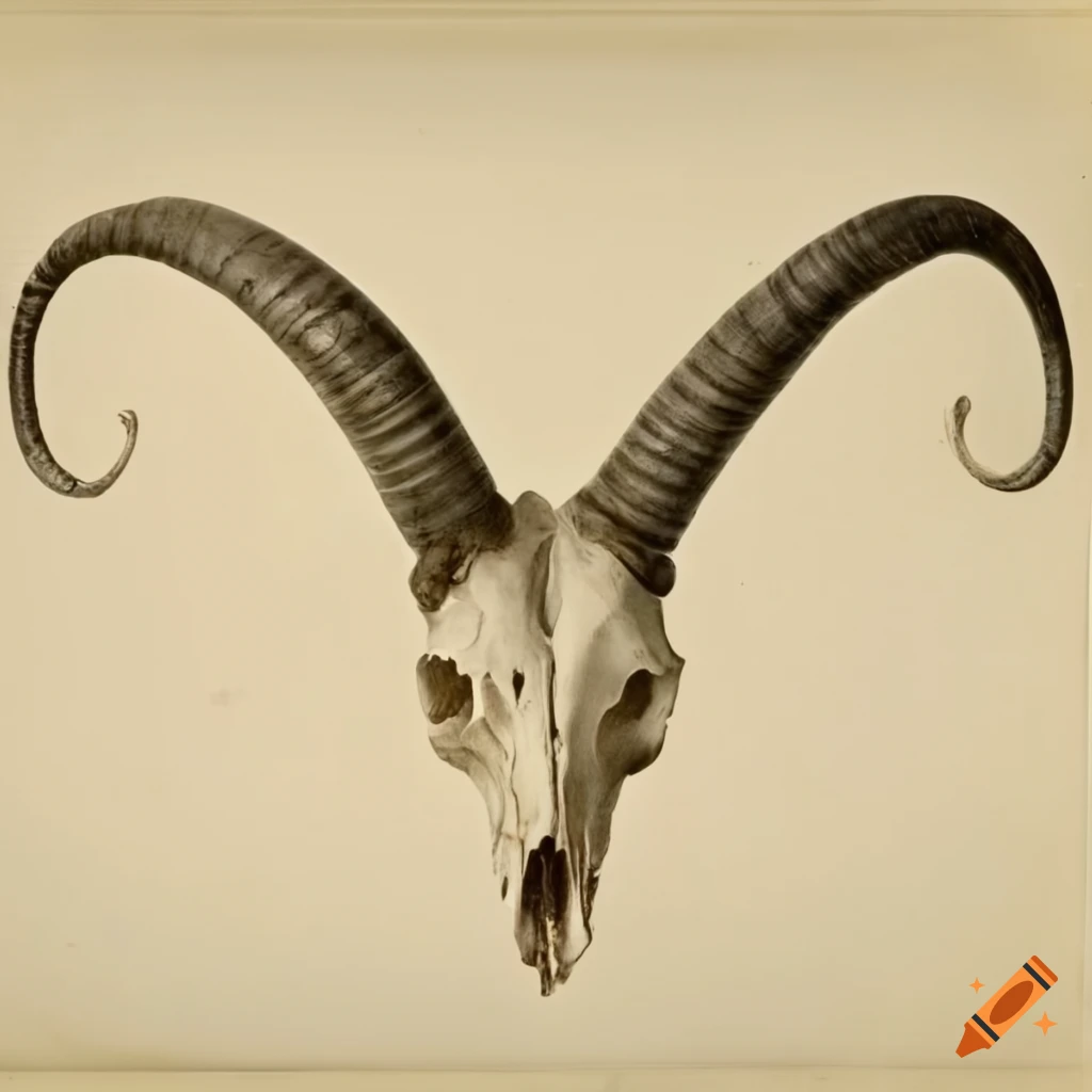 Vintage anatomical study of a jacob sheep skull and horns