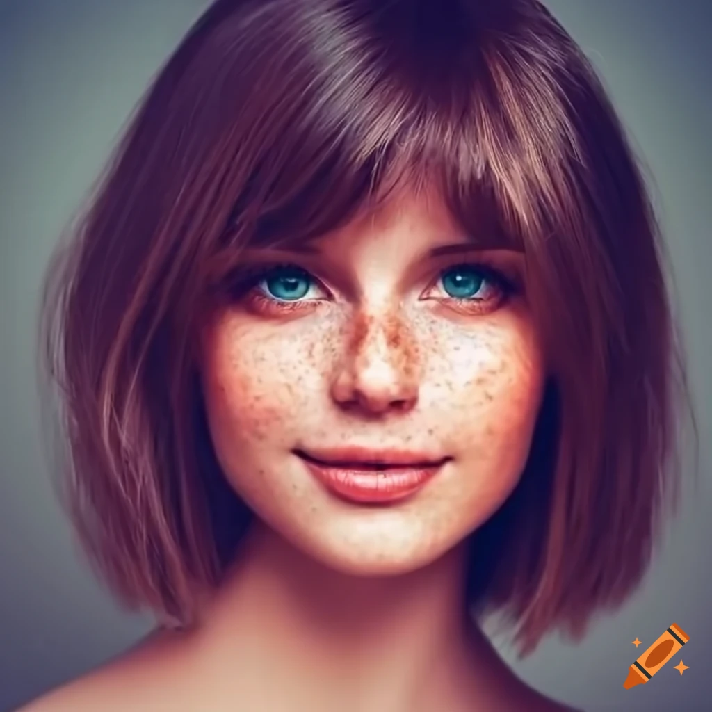 Beautiful young woman shy smile delicate freckles bobbed hair