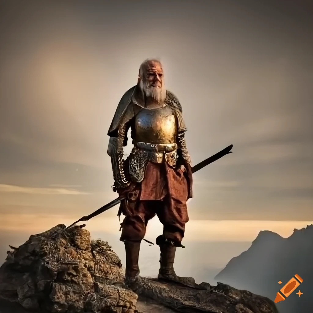 Old man in a warrior armor standing on top of a mountain on craiyon