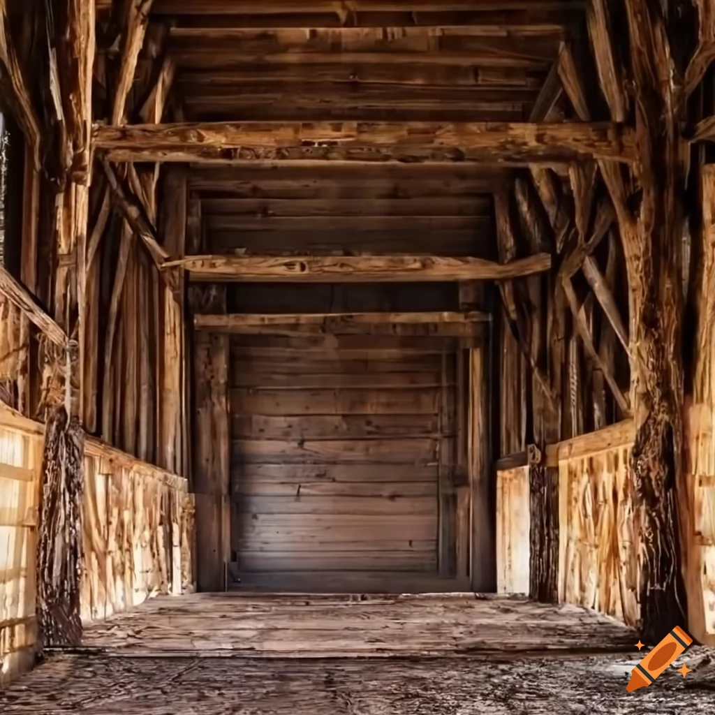 The interior of dark barn straw hay beams loose boards sunlight shining  inside on Craiyon