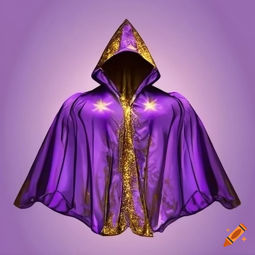 A shiny purple and gold hooded cape on a white background with a comic ...