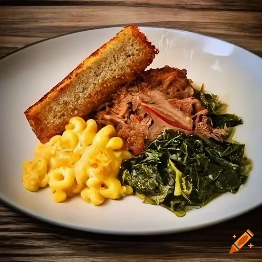 A pile of bbq pulled pork and a side of cooked collard greens and a