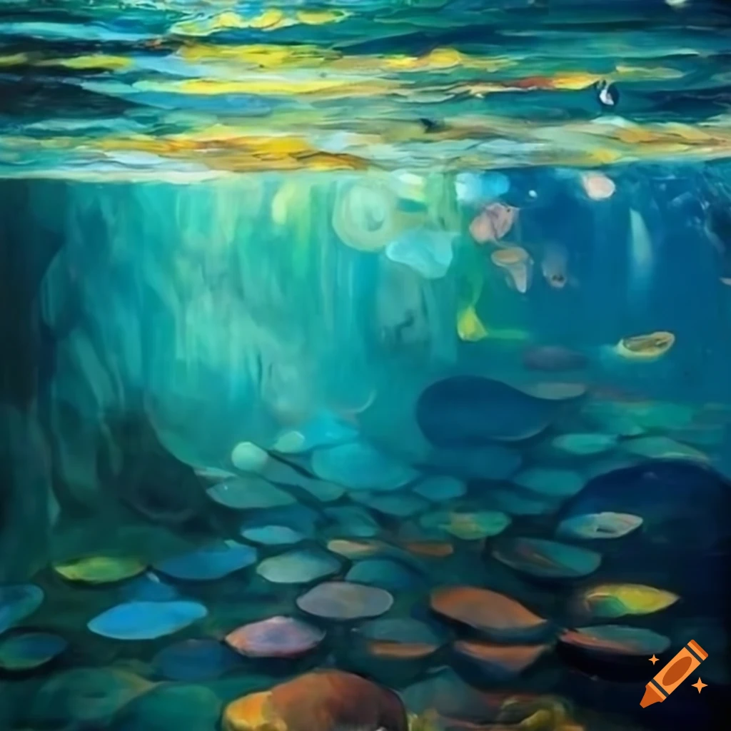 A mesmerizing underwater scene with reflective snake scales Underwater Snake scales opalized by Paul Gauguin oil painting water reflections