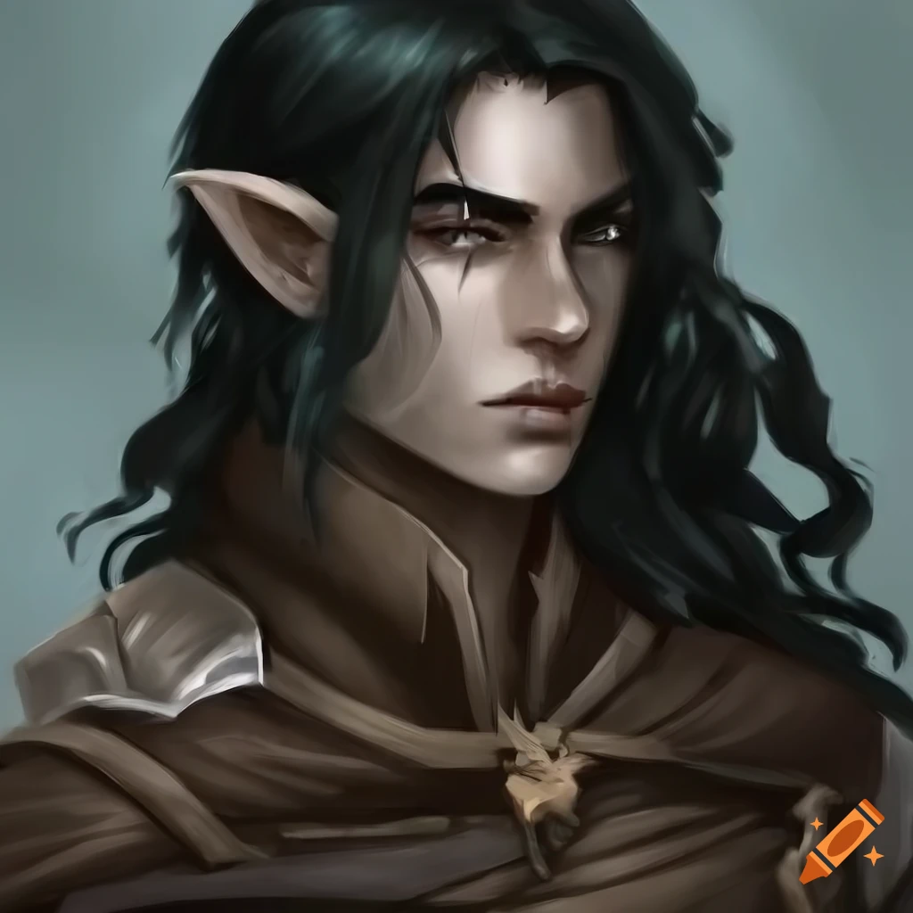 Dungeons and dragons, male handsome half-elf, black tousled hair, wavy ...