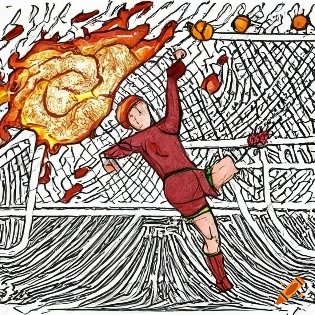 doodle of a goal keeper defending the goalpost from enemy waves with fireballs