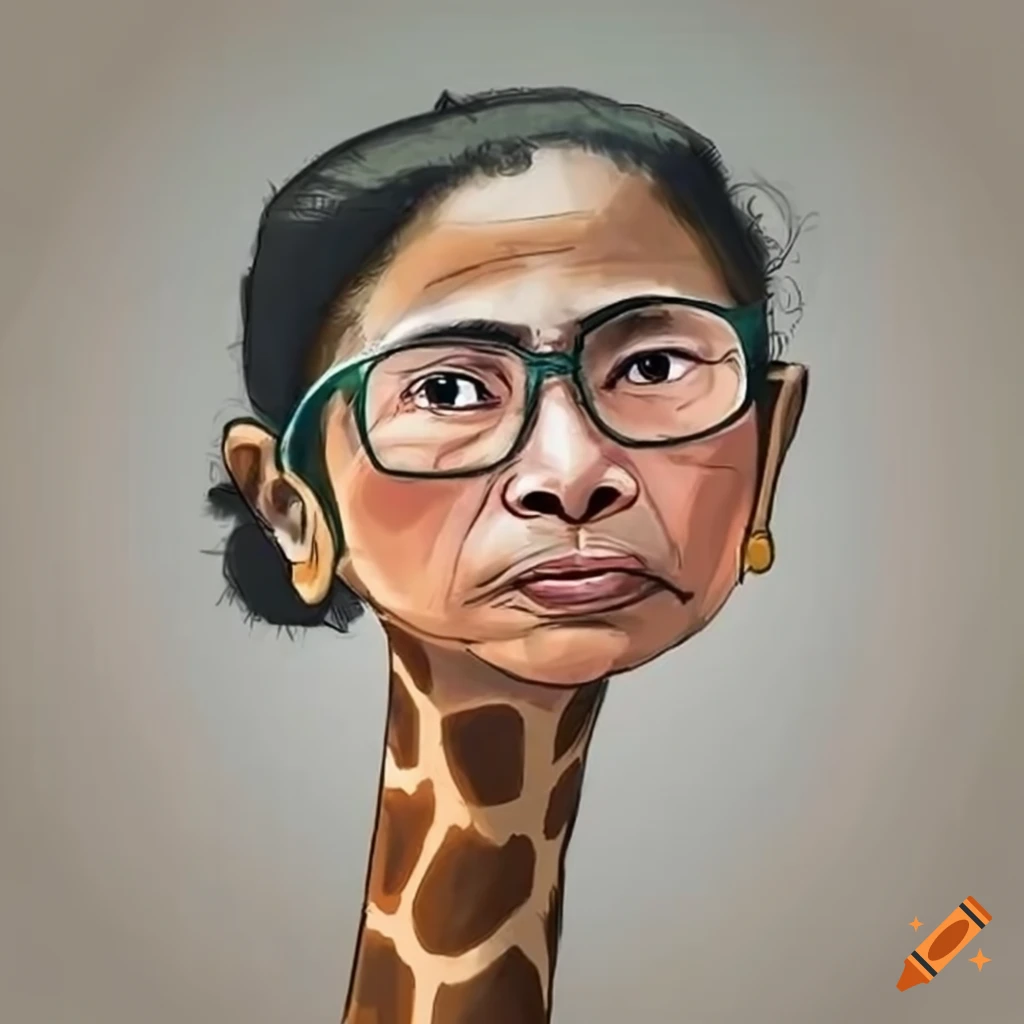 A caricature of mamata banerjee with a rather long neck like dinosaur on  Craiyon