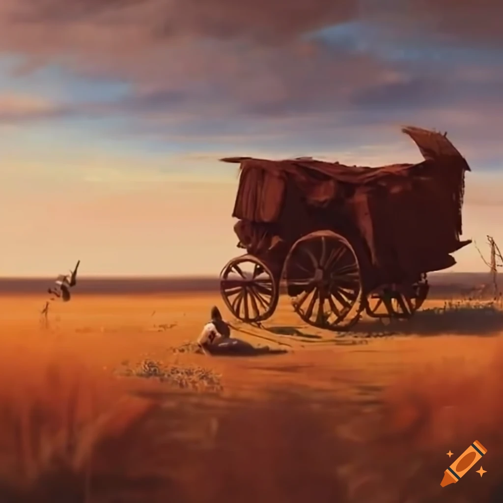 Observed across a field. Several Kaiden surround a broken down Wagon in the distance. Alessa stand atop the wagon and Ket stands before it. arrows in the ground