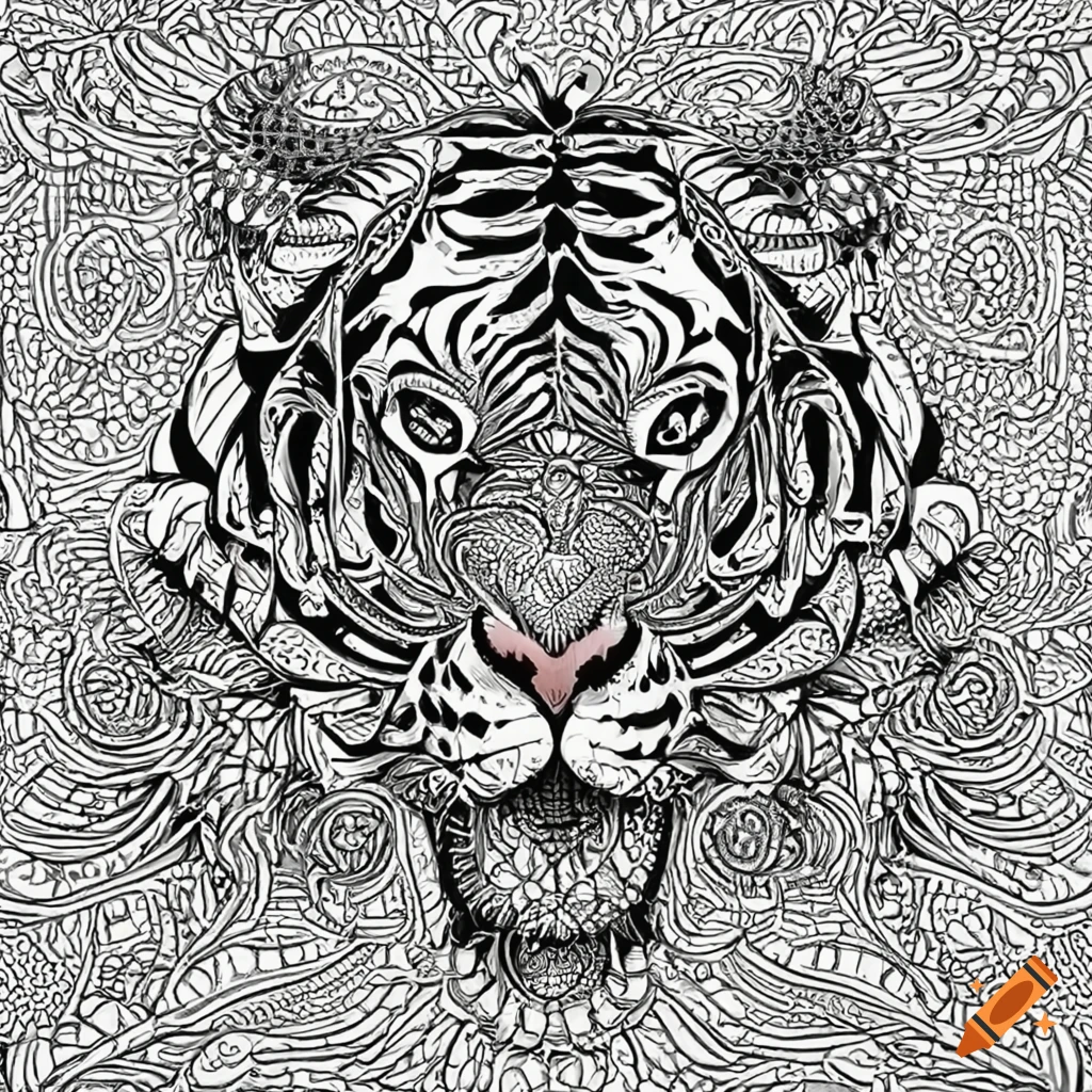 Colouring page for adults, mandala, tiger image, white background