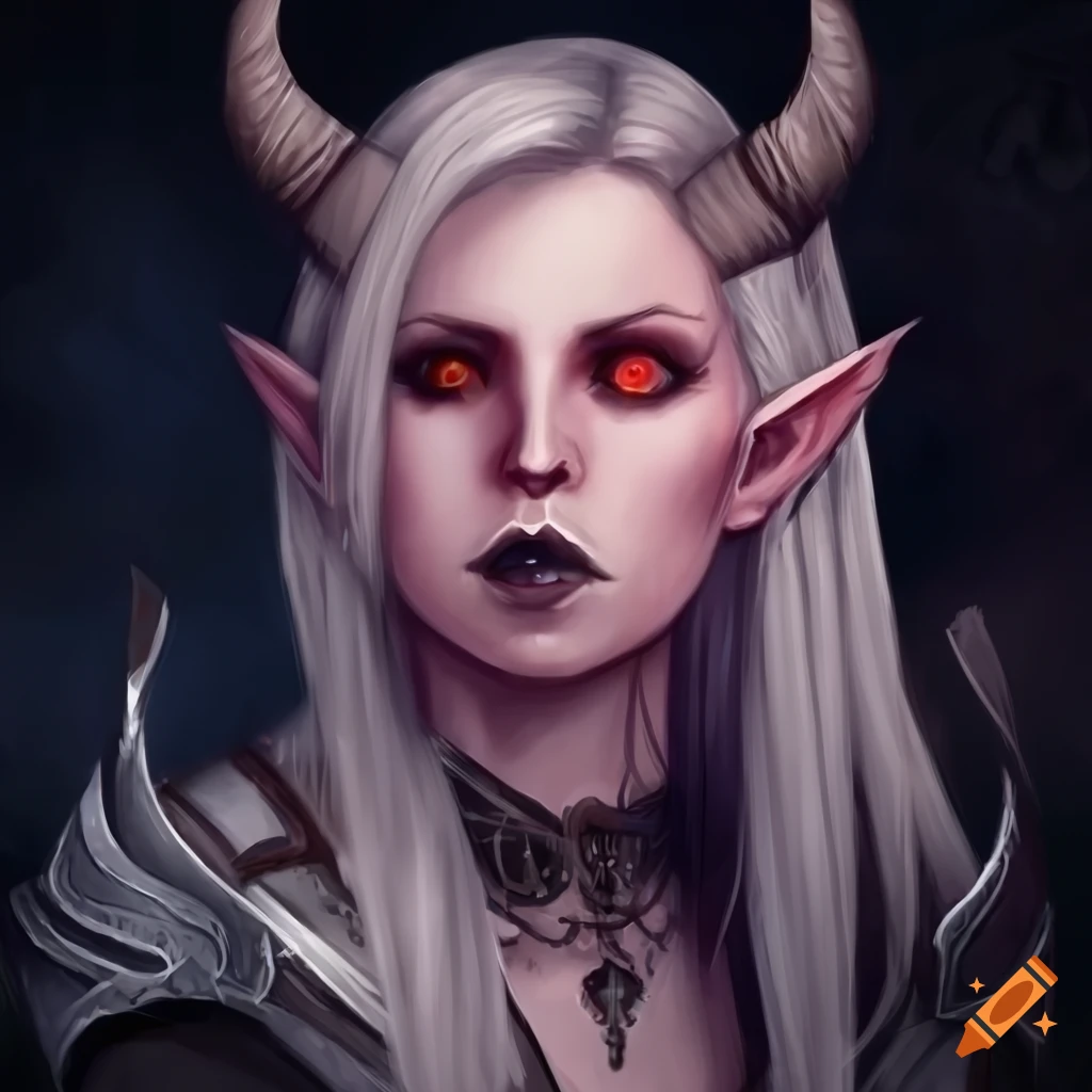 Blonde hexblood elf twilight cleric with ruby eyes and horns in gothic ...