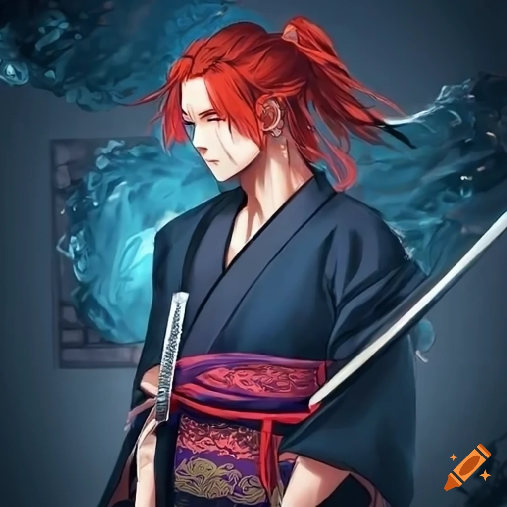 woman anime with red hair with Japanese samurai sword in dress Stock Photo  - Alamy