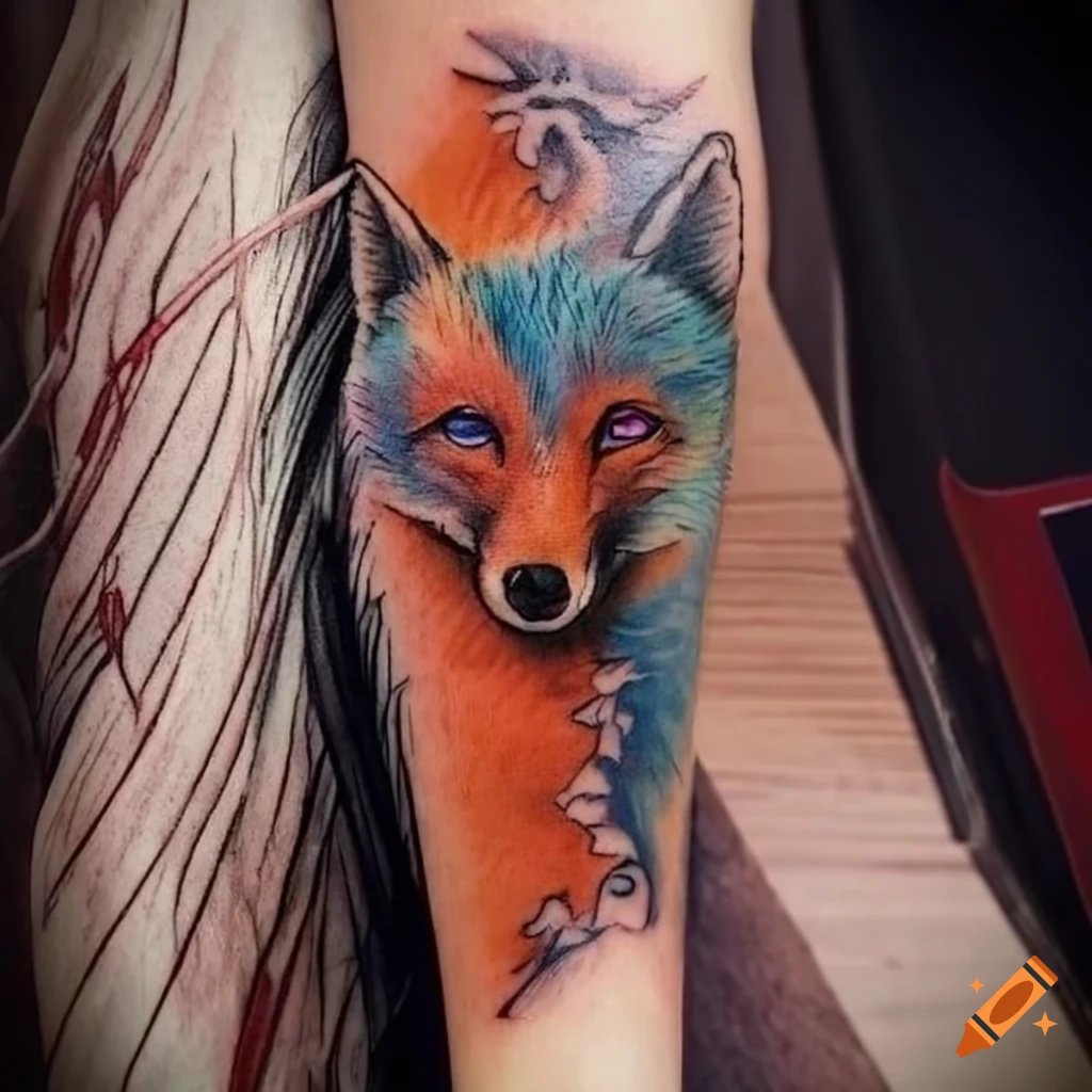 Watercolor fox tattoo on the inner forearm.