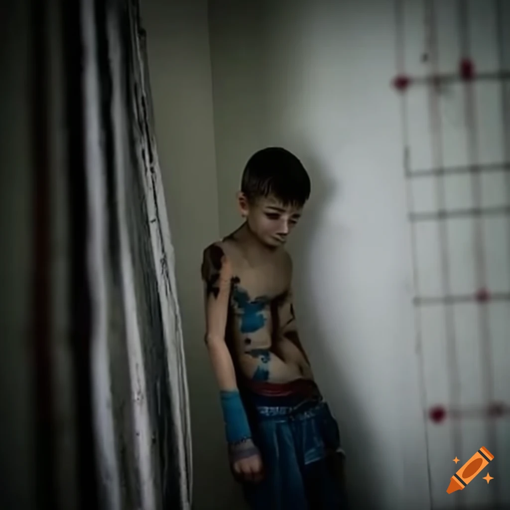 a boy age 16 wearing tattered clothes in a jail cell