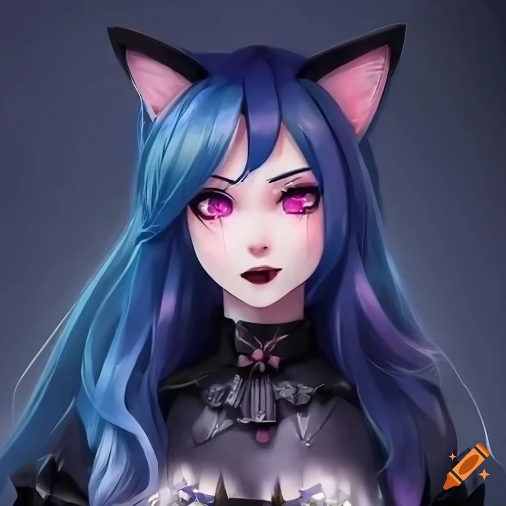 Portrait of mid body of cuttest gothic cat furry girl with dark blue ...