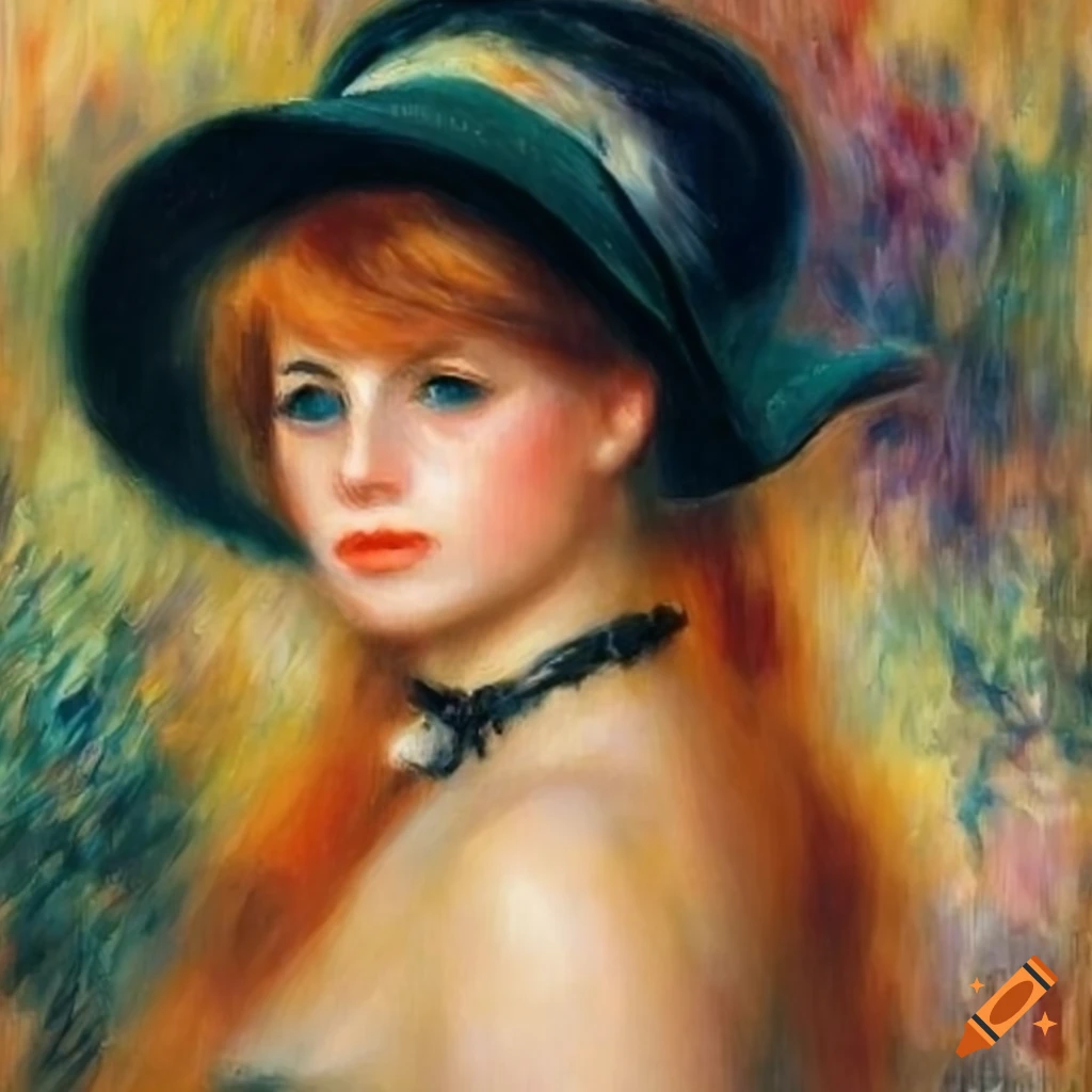 Renoir femme bar chapeau fleuri lac arbres table on Craiyon
