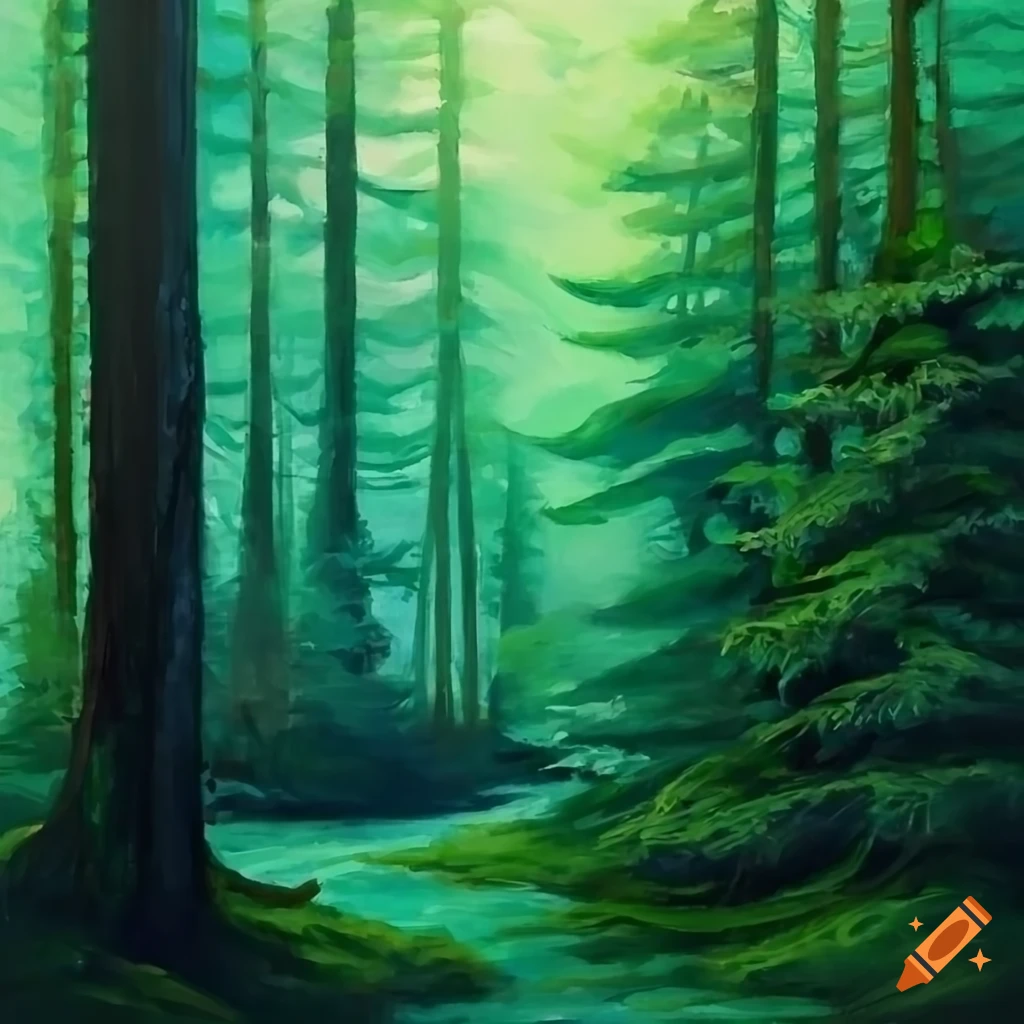 a-painting-of-a-coniferous-forest-in-forest-green-color-and-jungle
