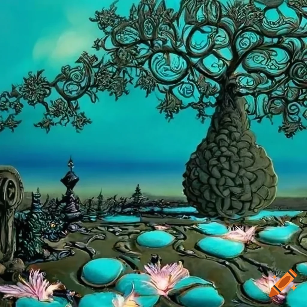 Petals on a wet black bough formal garden topiary turquoise yves tanguy
