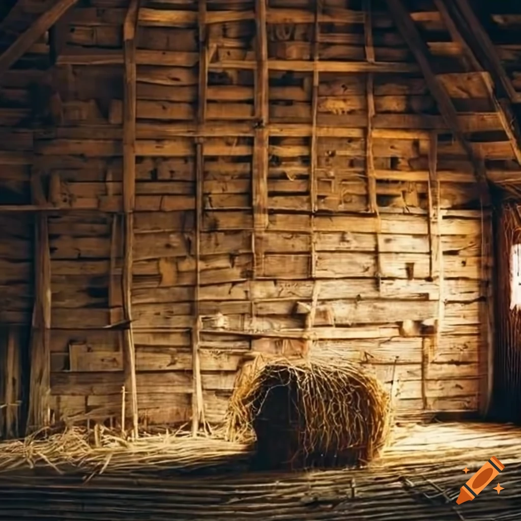 The interior of dark barn straw hay beams loose boards sunlight shining  inside on Craiyon