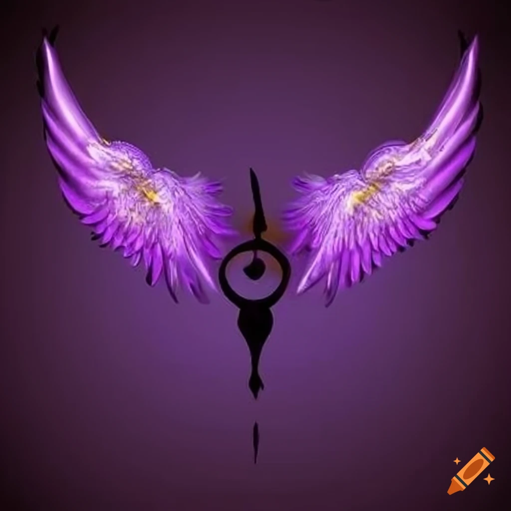 A magic symbol with black wings and purple color as well as gold color in the middle of Adenlia words written