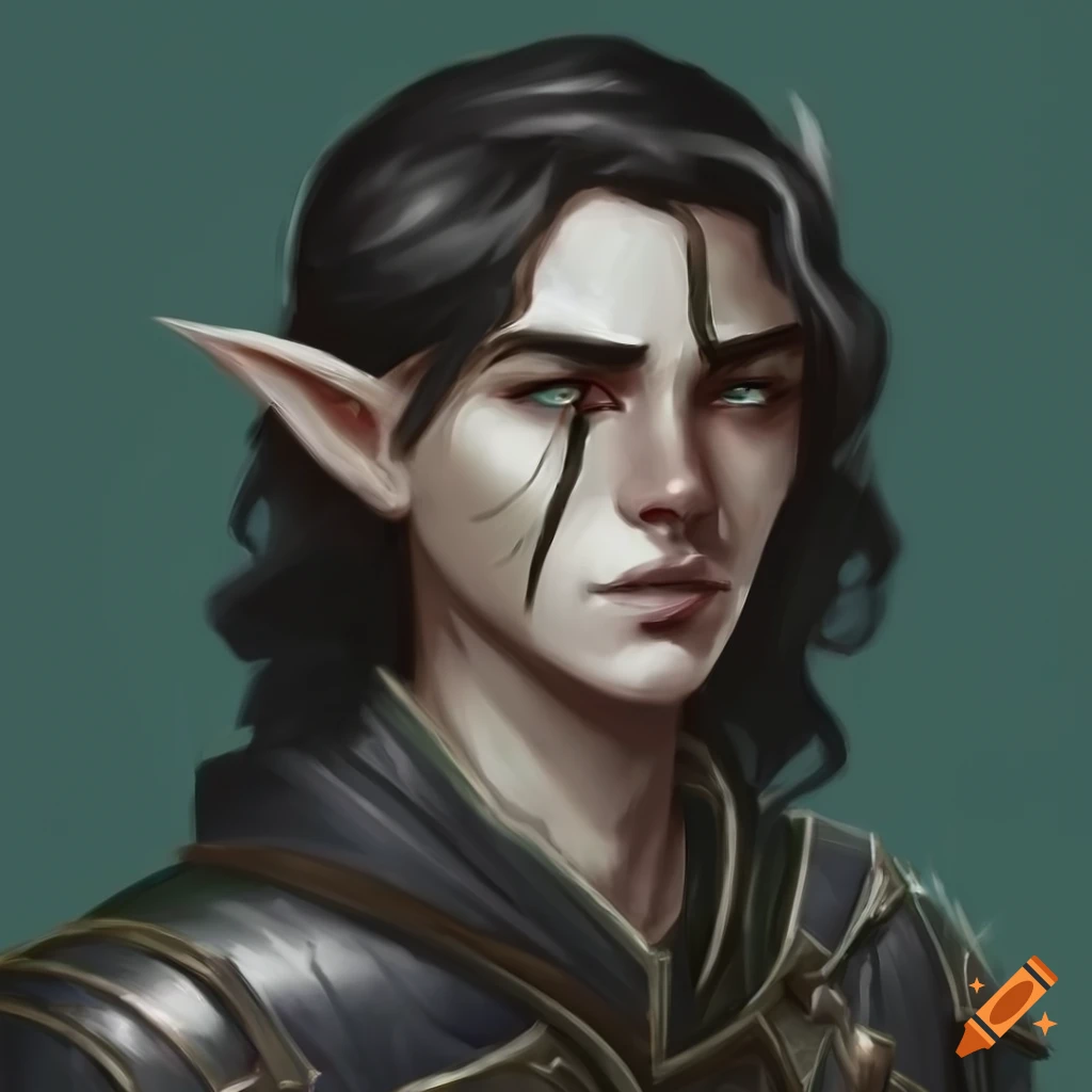 Dungeons and dragons, male handsome half-elf, black tousled hair, wavy ...
