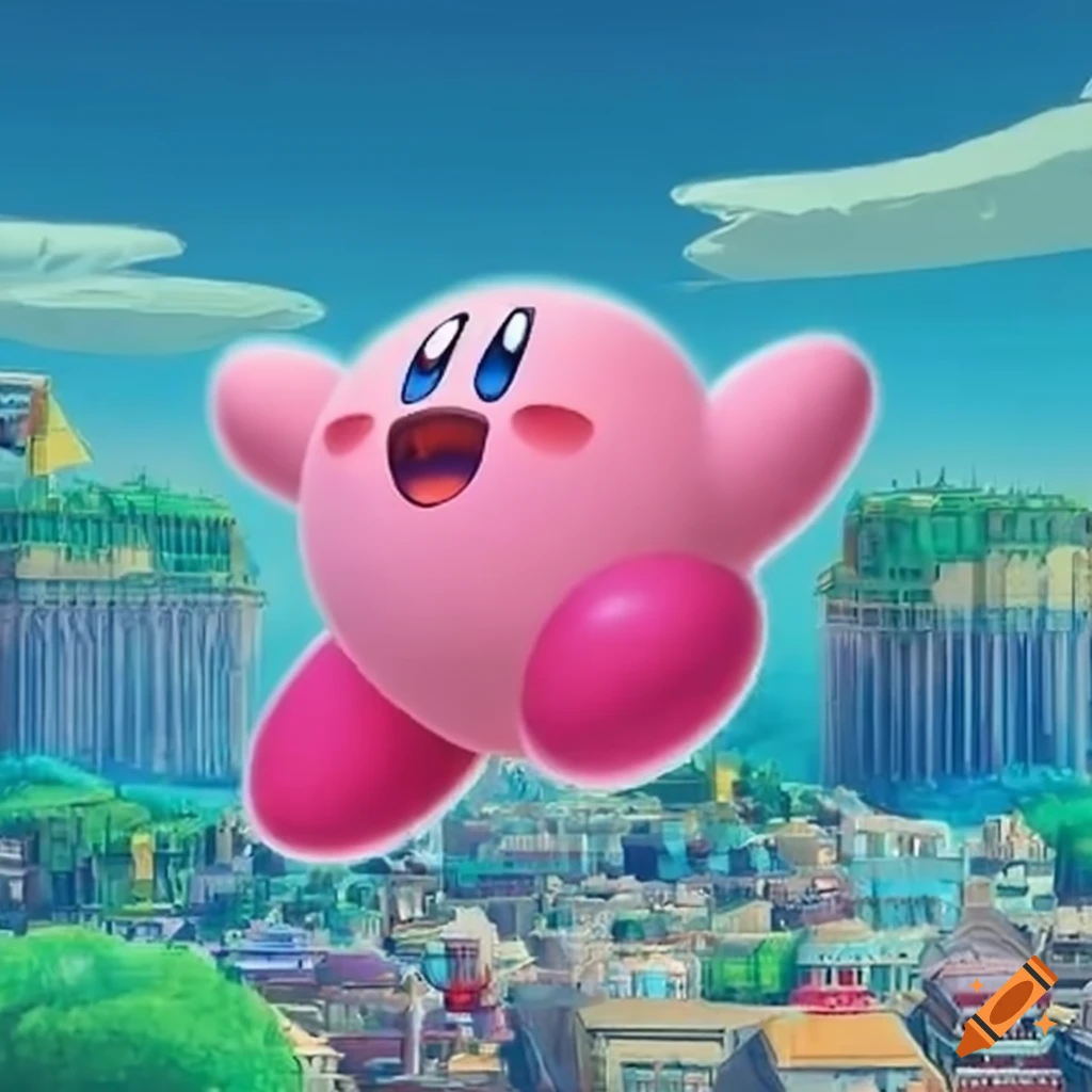 Kirby in a fantasy themed city looking surprised highdefinition