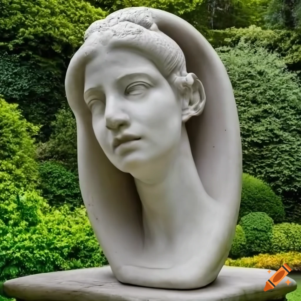 Marble sculpture of a giant ear standing in a lush garden