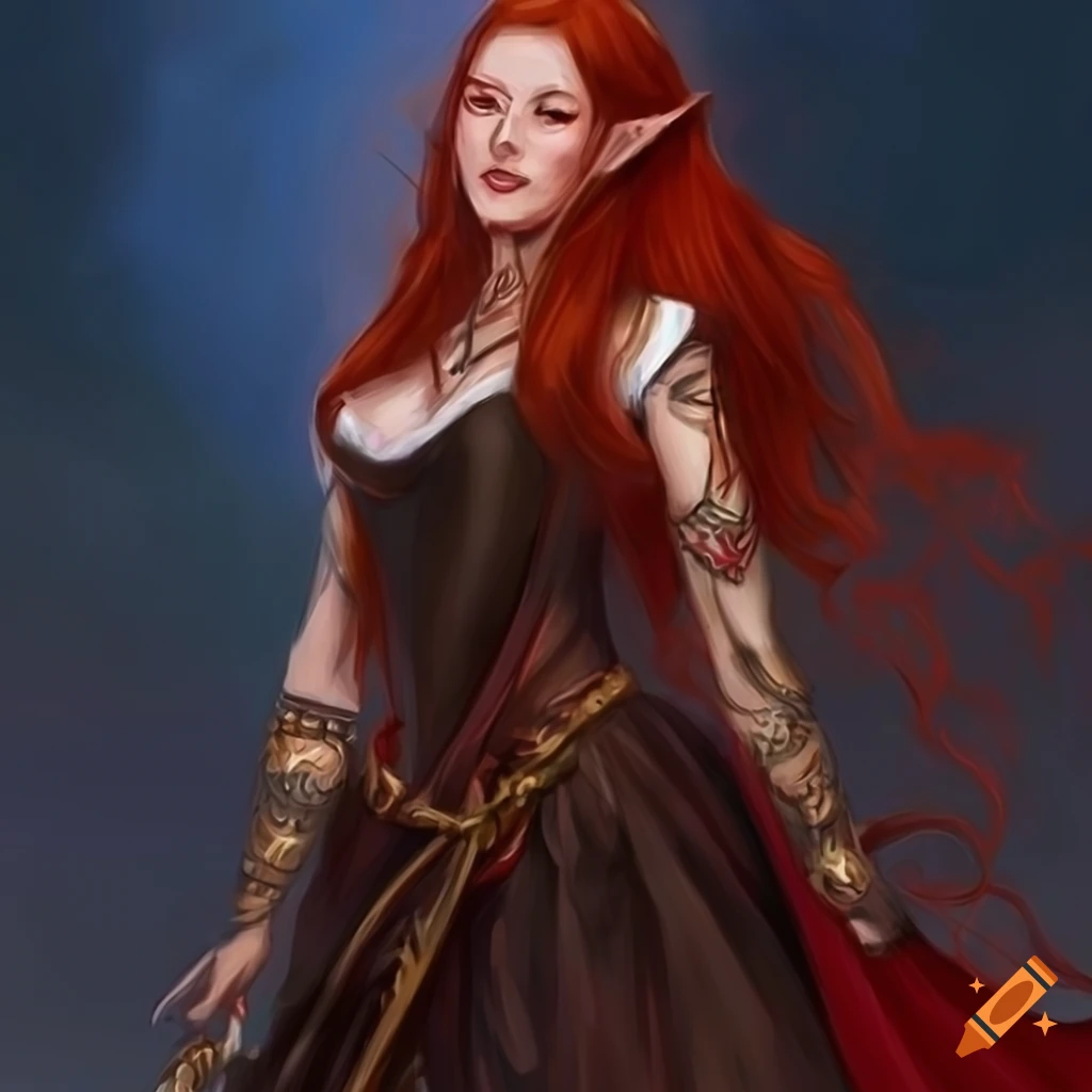 Renaissance painting of a DnD character full body portrait of an elven sorceress with demon wings on her back, deep red hair, freckles, black swirling tattoos, fire orange eyes, and a crown of horns. Her familiar is a black cat with wings