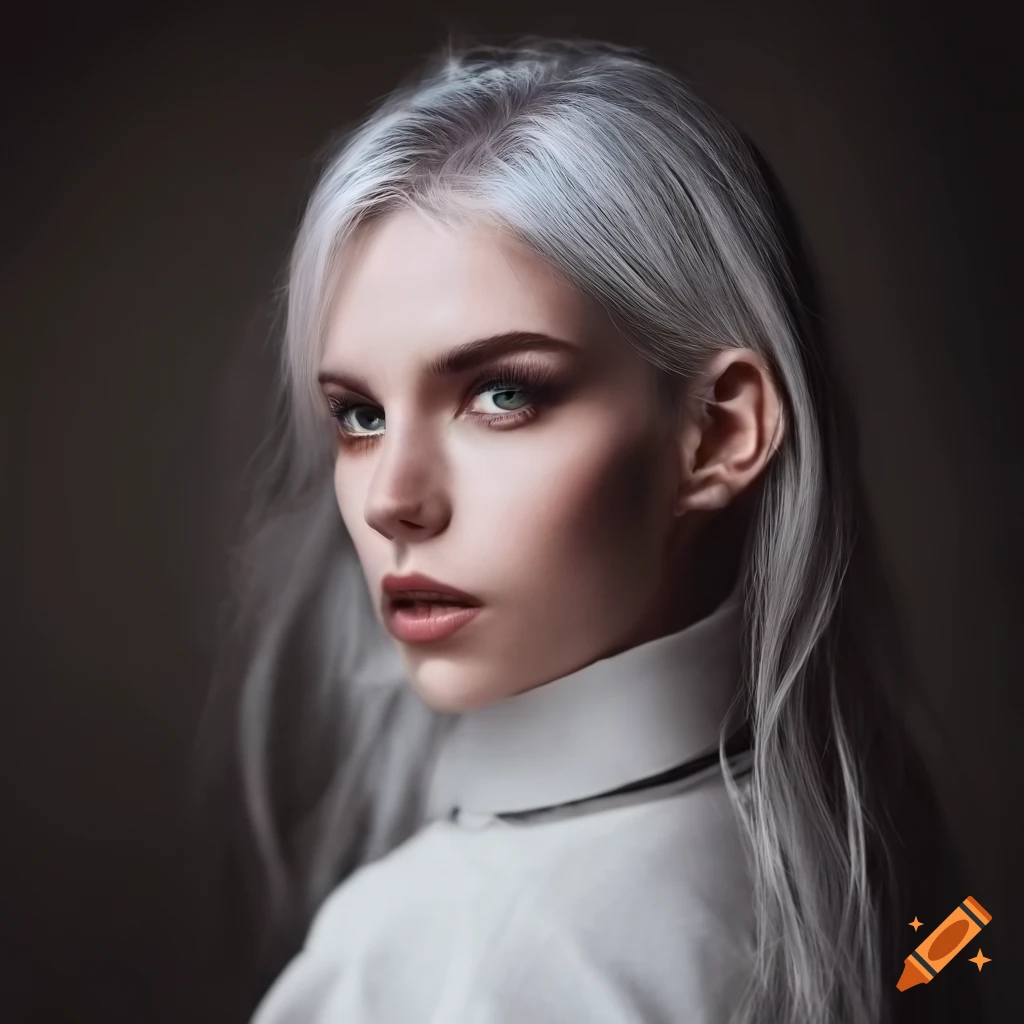 High res photo, woman, long white hair, white jacket, black pants, hd