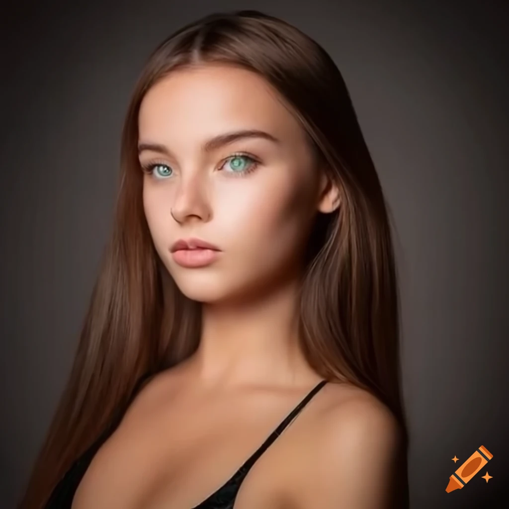 Brunnete girl with green eyes with hourglass body shape in a tight dress