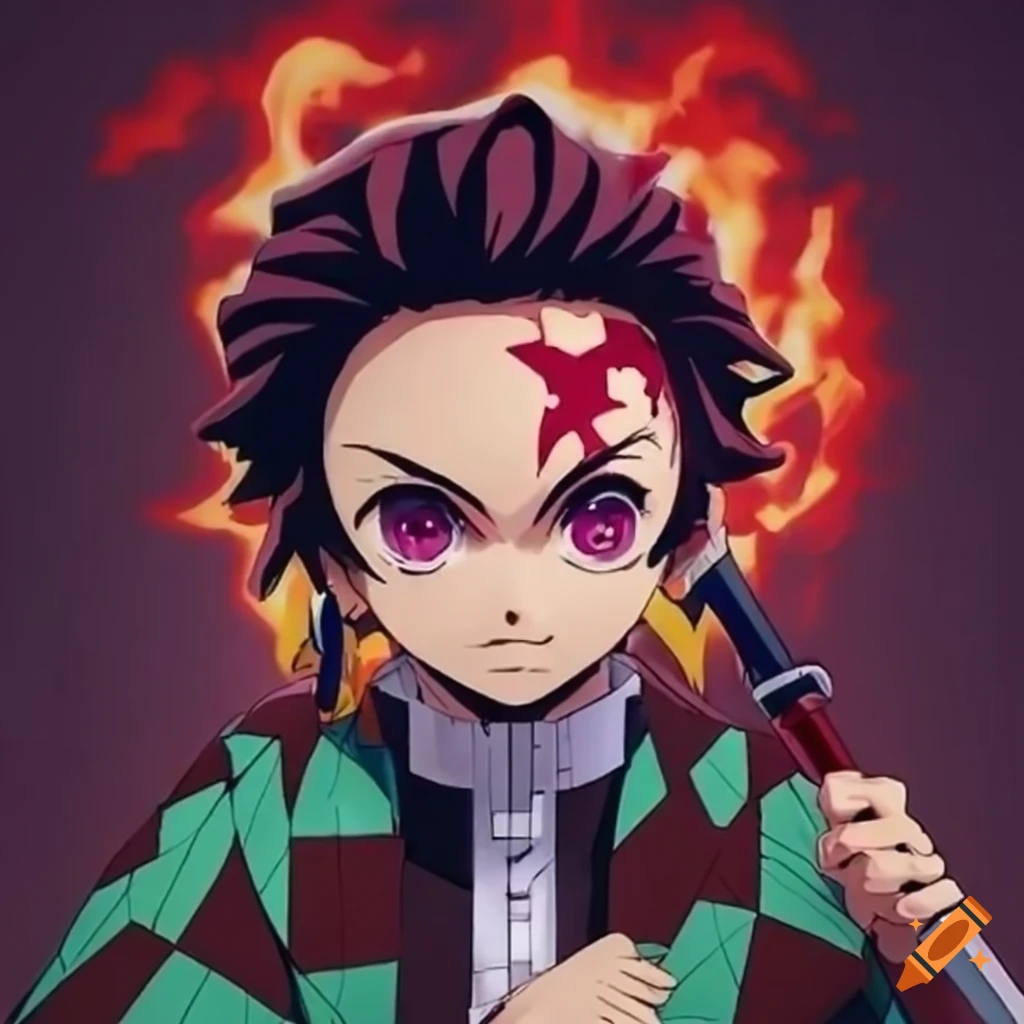 Tanjiro demon slayer with fire katana looking angry on Craiyon
