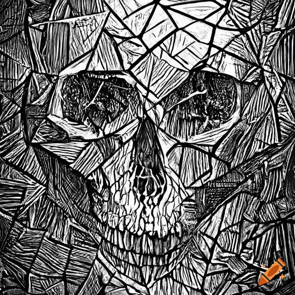 Skull made of shattered glass in the style of zdzisław beksiński