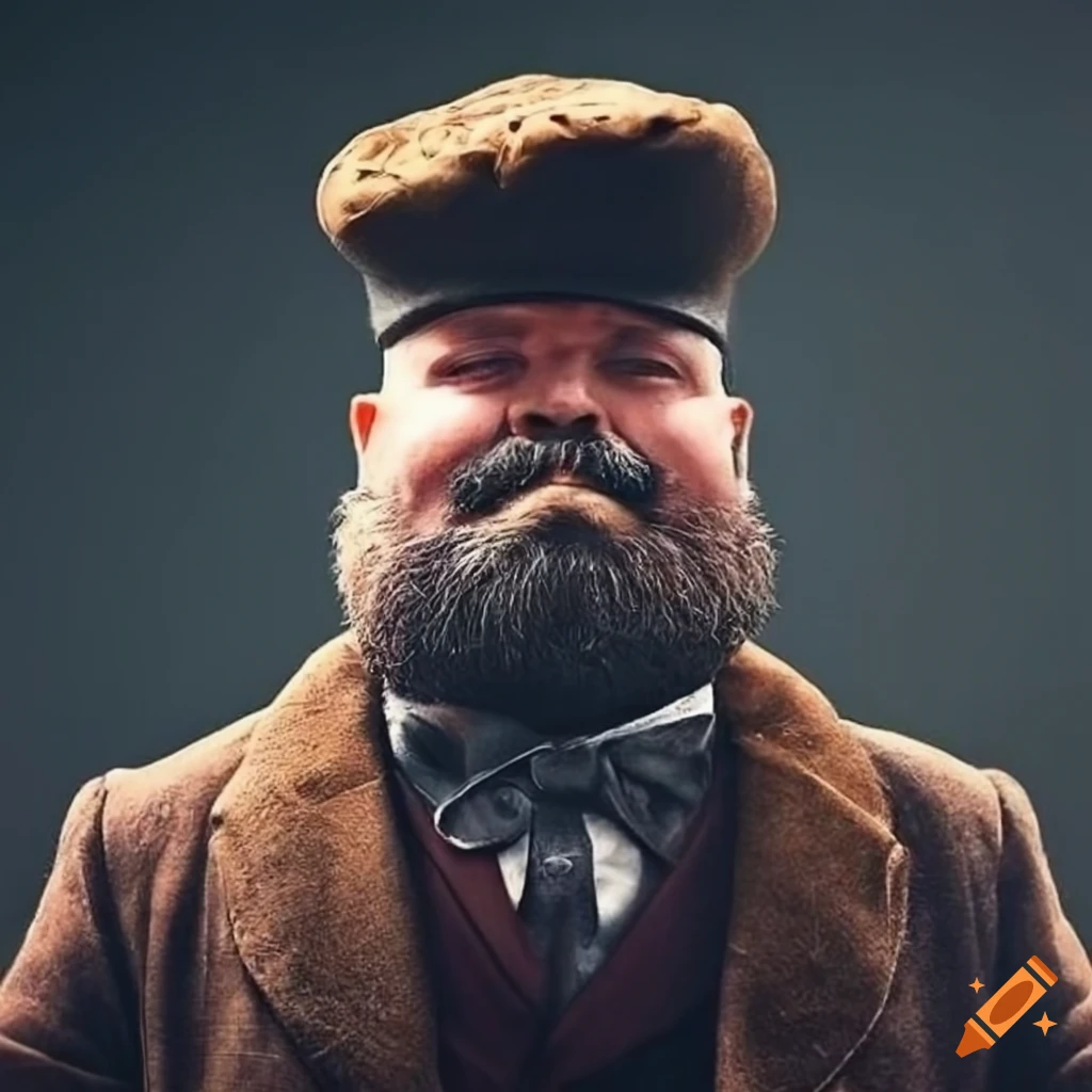 Chubby man with short beard and yorkshire pudding hat. dark and moody