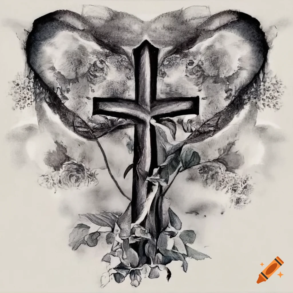 drawings of crosses with ribbons and roses