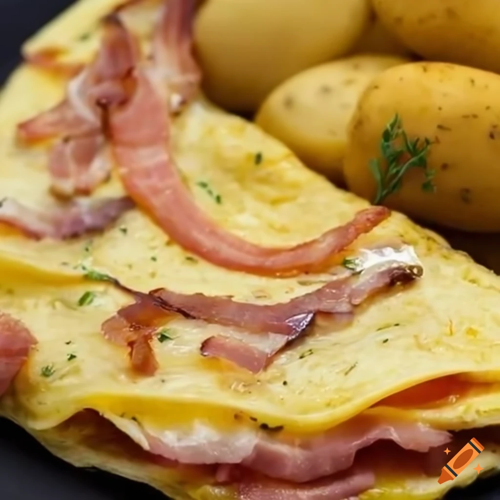 Omelet with bacon bits and potatoes