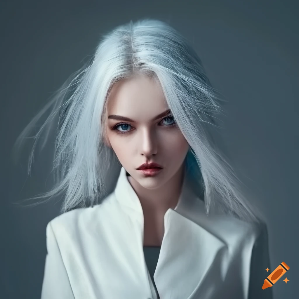 High res photo, woman, long white hair, white jacket, black pants, hd