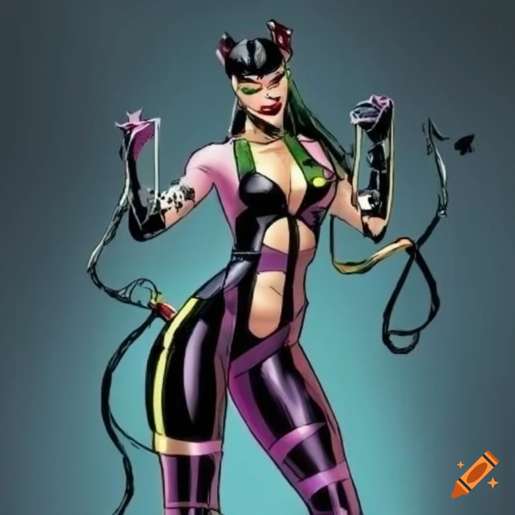 Different outfit designs for Punchline from dc comics