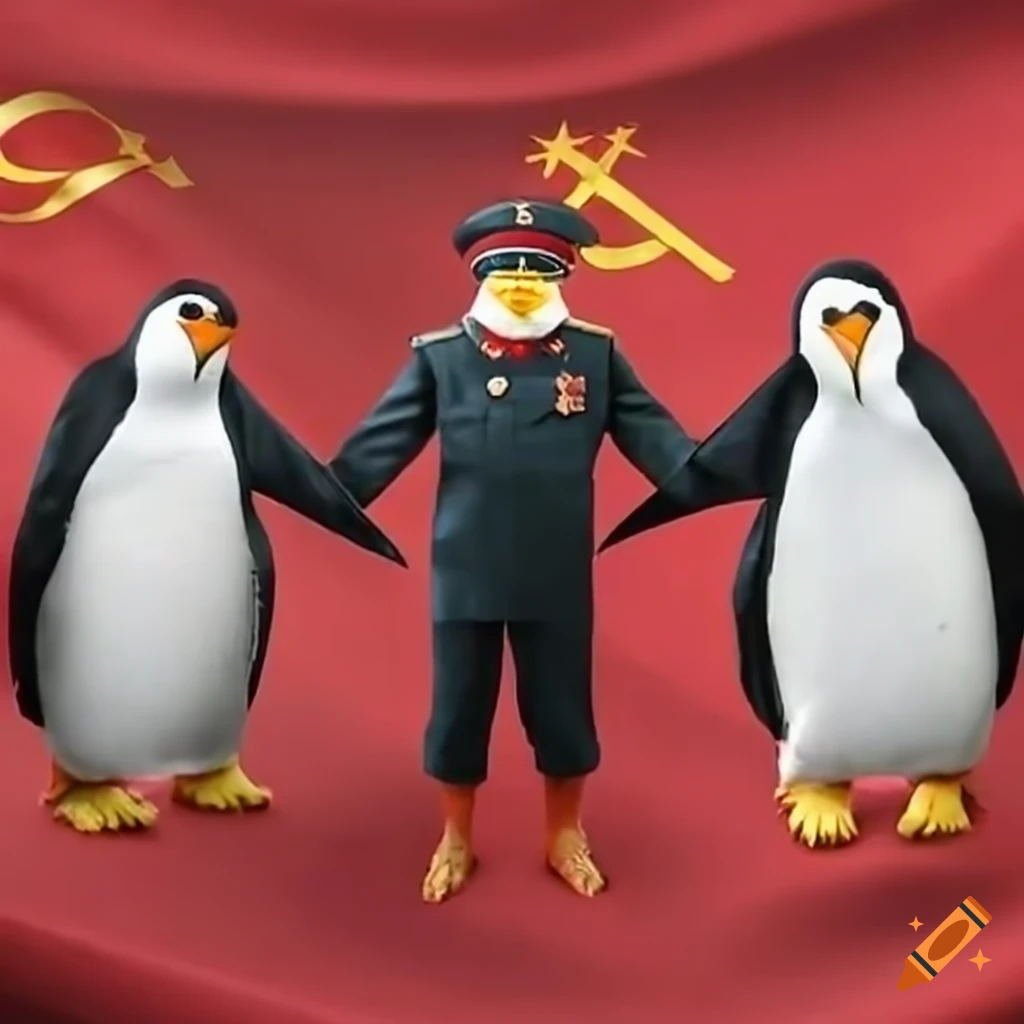 communist penguins in front of soviet flag with one of the penguins dressed up as stalin