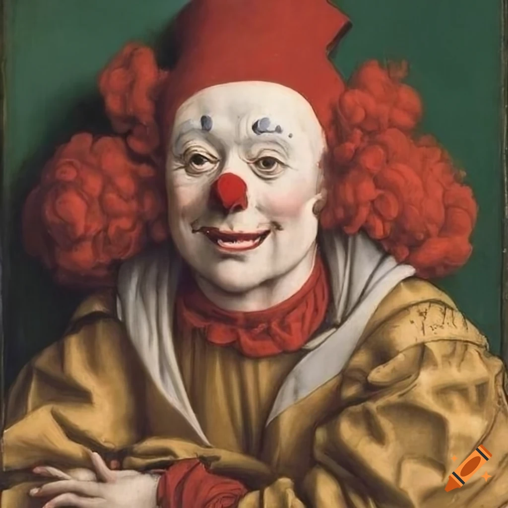 A clown lying on a bed in the style of jan van eyck