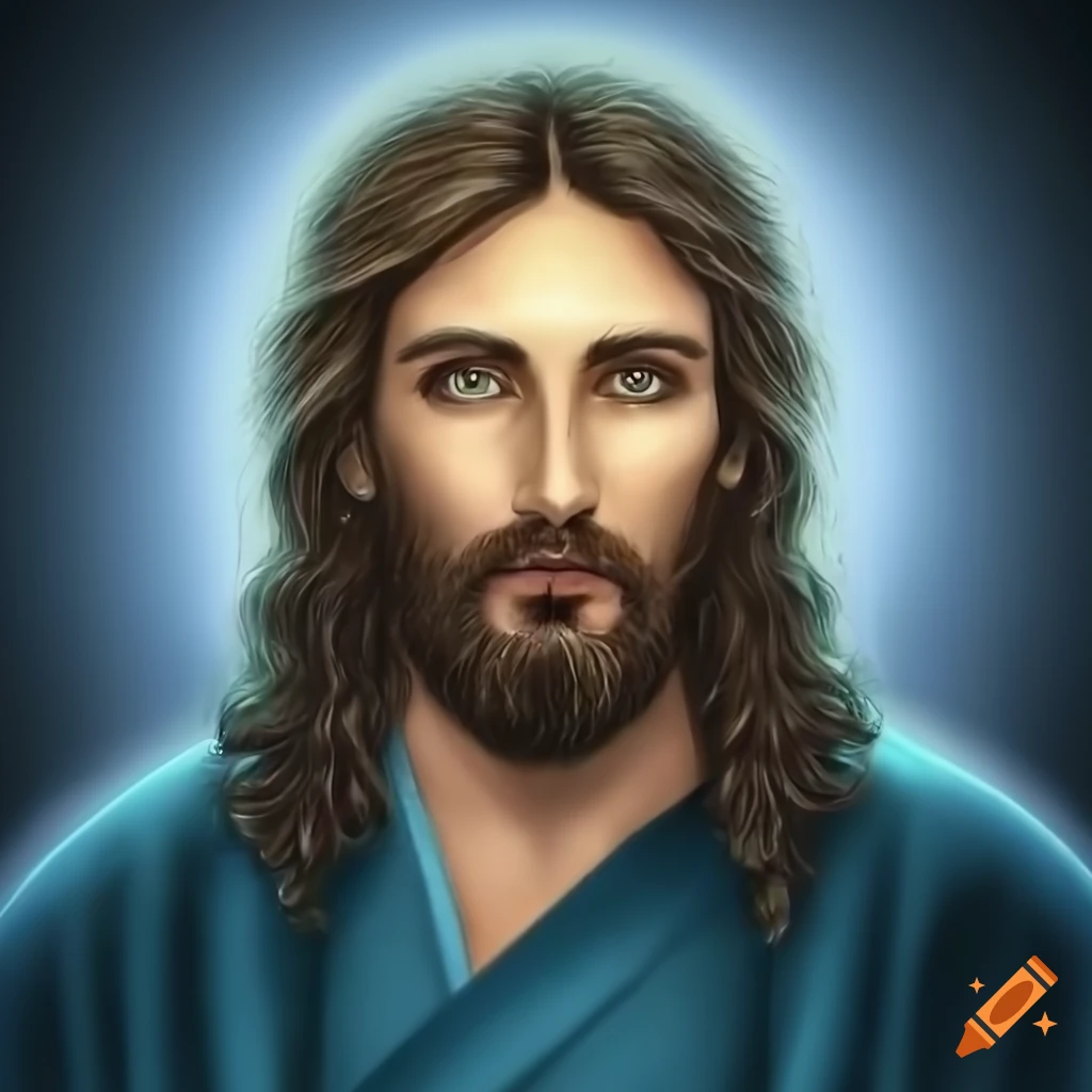Jesus christ, long hair, beard, defined eyes, greenish-brown eyes ...