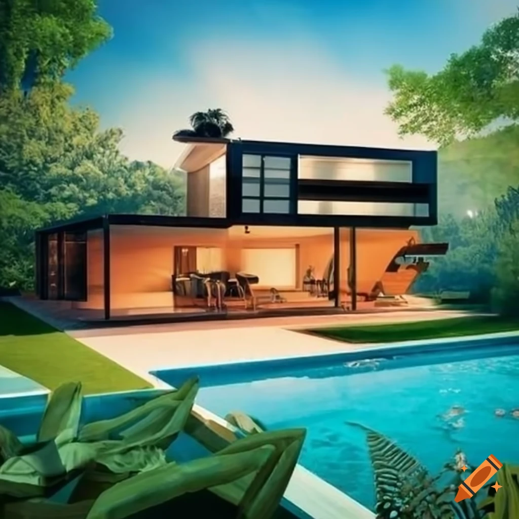 Modern 2 Floor House With 2 Swimming Pools And A Garden On Craiyon