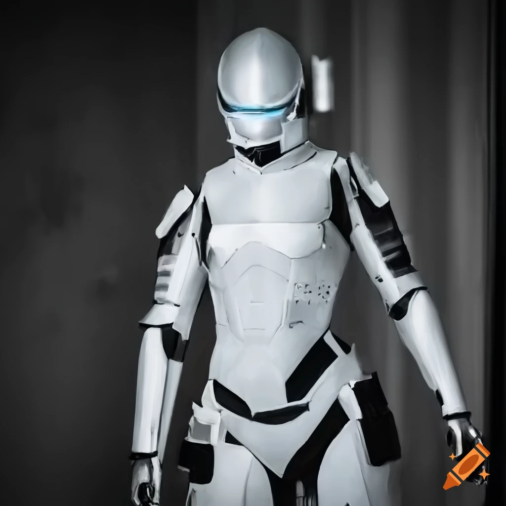 Futuristic soldier, white detailed armour, sleek, art deco, front view on  Craiyon